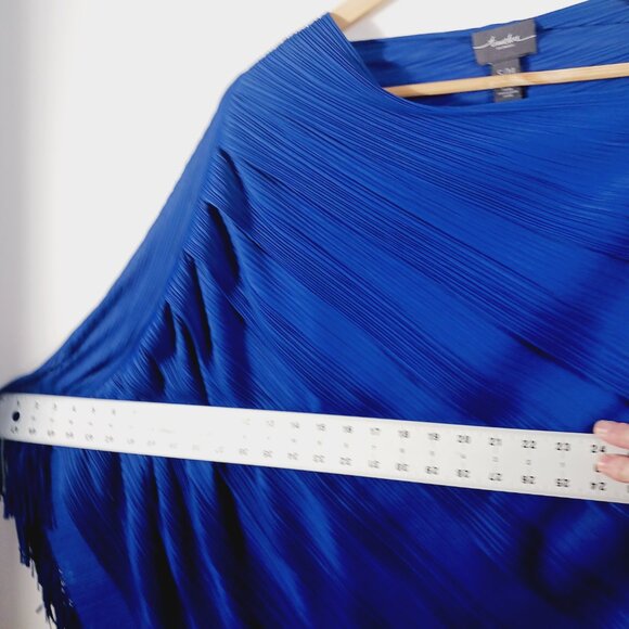 Chico's Travelers, Royal Blue Poncho Plisse Fabric Lightweight Fringe Hem S/M - Picture 13 of 16